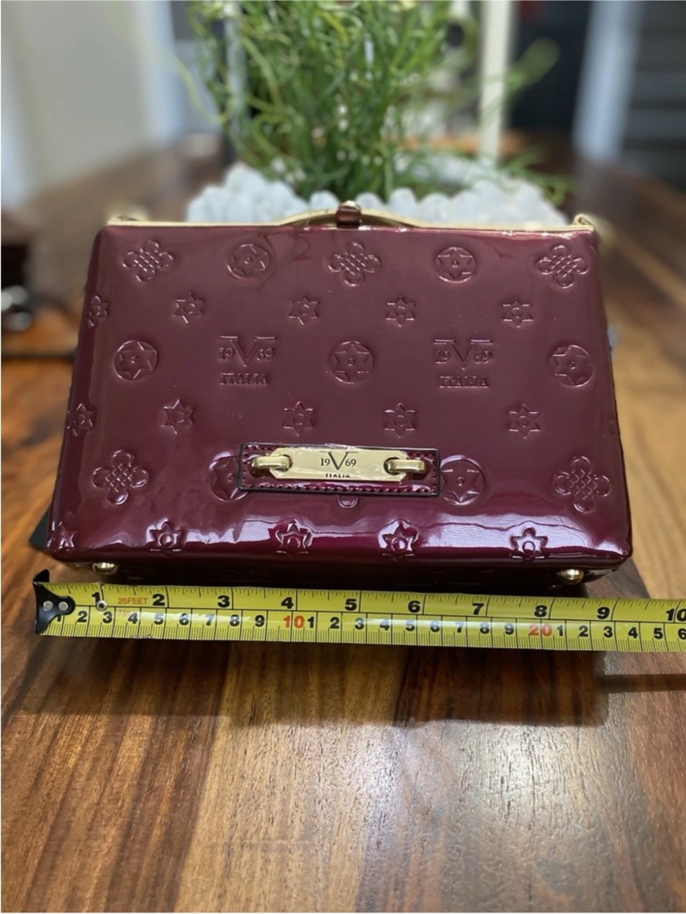 Patent-Style Glossy Mini Bag in Deep Burgundy with Gold Hardware